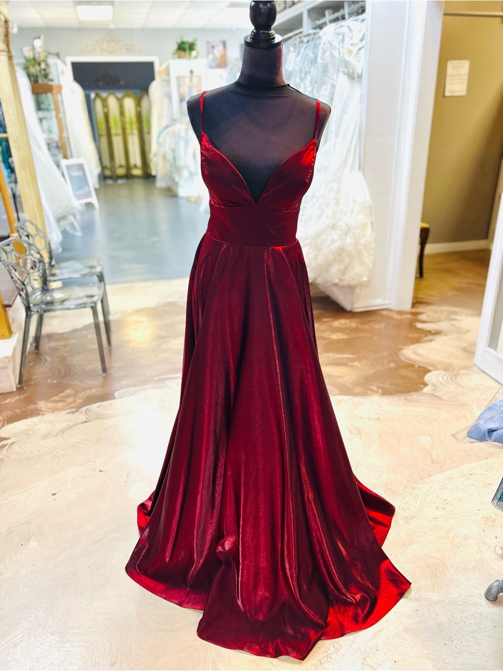 Lux Satin Burgundy Prom Gown with Spaghetti Straps